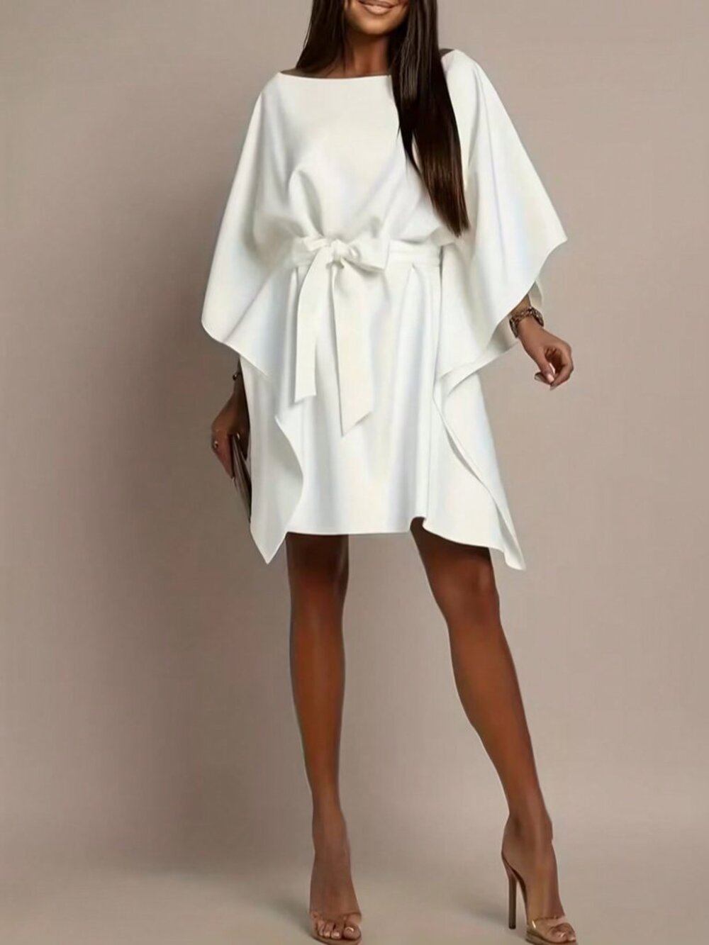 White Belted Women's Flowy Cape Sleeve Dress - Picture 4 of 4